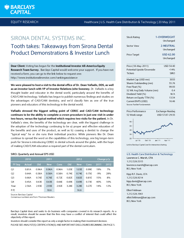 Barclays Capital Investment Bankers visits NYSI to Report on Sirona Dental Systems